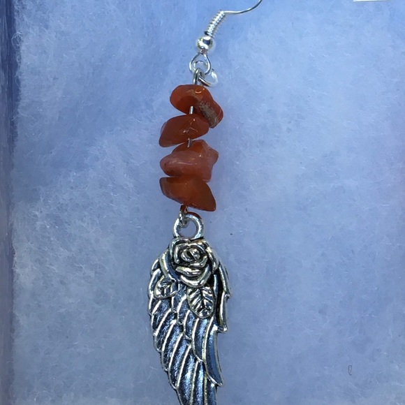 Red Fire Agate Silver Angel Wing Dangle Earrings - Picture 3 of 8